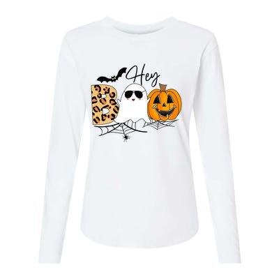 Cute Ghost Halloween Pumpkin Face Hey Boo Trendy Halloween Womens Cotton Relaxed Long Sleeve T-Shirt