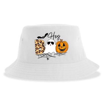 Cute Ghost Halloween Pumpkin Face Hey Boo Trendy Halloween Sustainable Bucket Hat