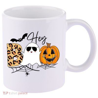 Cute Ghost Halloween Pumpkin Face Hey Boo Trendy Halloween 11oz C Handle Ceramic Mug