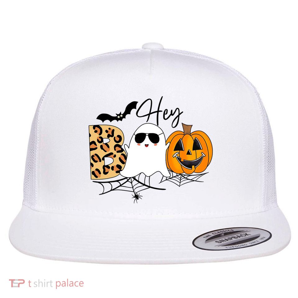 Cute Ghost Halloween Pumpkin Face Hey Boo Trendy Halloween Flatbill Hat