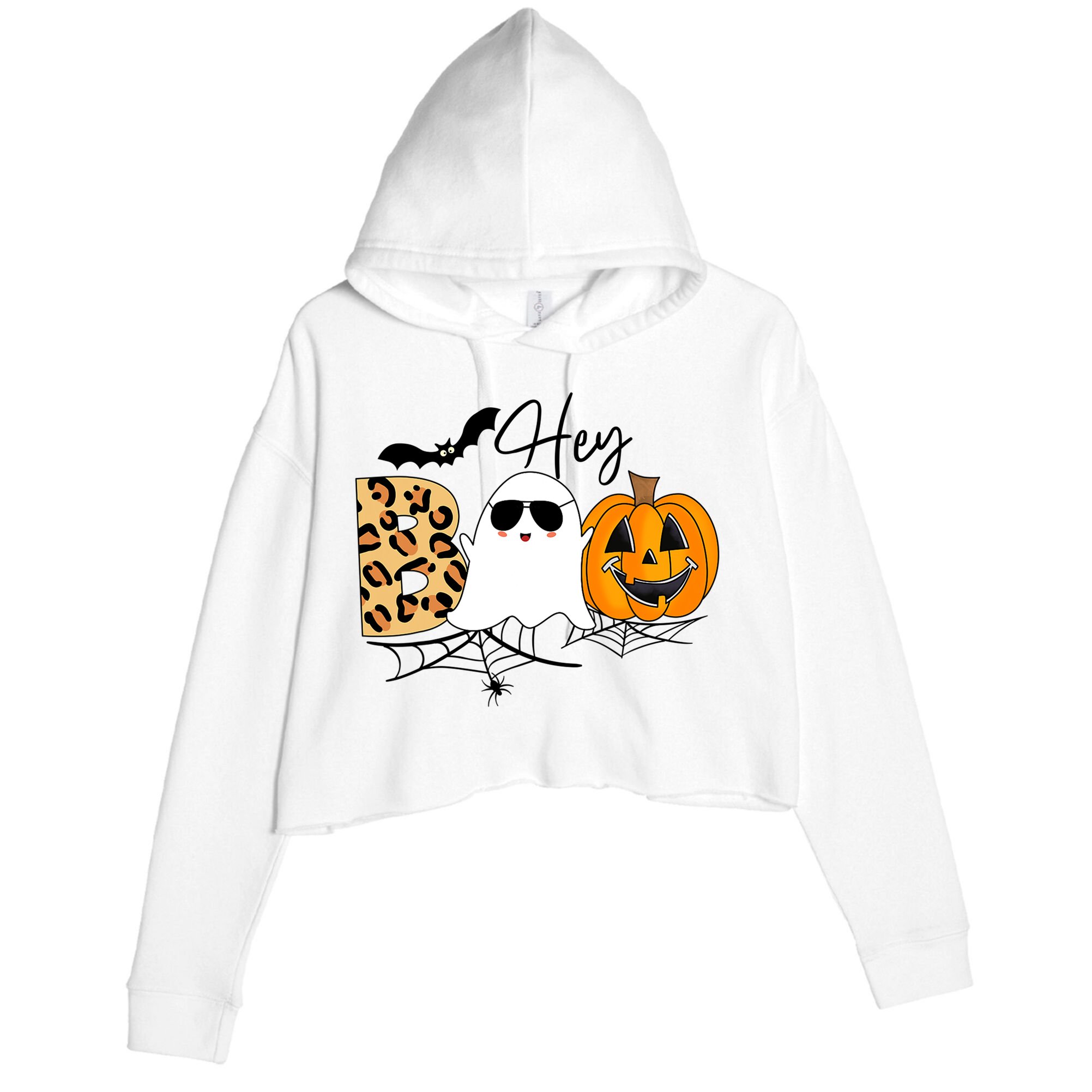 Cute Ghost Halloween Pumpkin Face Hey Boo Trendy Halloween Crop Fleece Hoodie