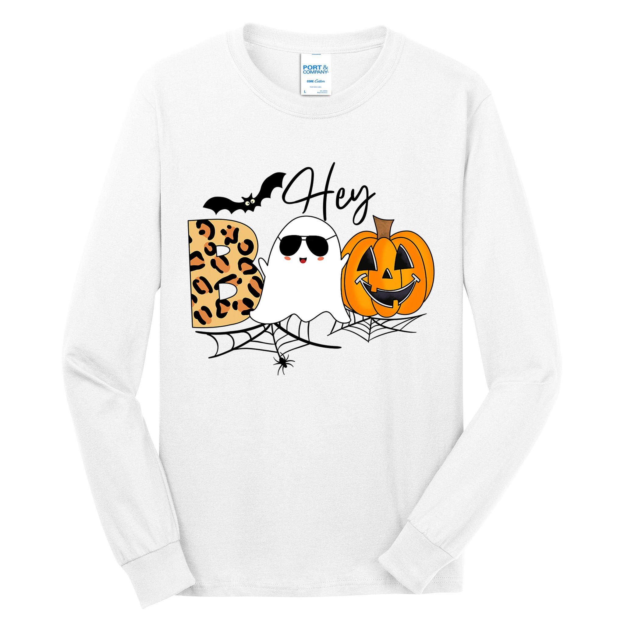 Cute Ghost Halloween Pumpkin Face Hey Boo Trendy Halloween Tall Long Sleeve T-Shirt