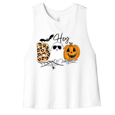 Cute Ghost Halloween Pumpkin Face Hey Boo Trendy Halloween Women's Racerback Cropped Tank