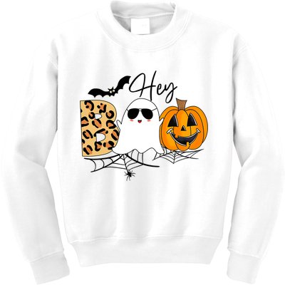 Cute Ghost Halloween Pumpkin Face Hey Boo Trendy Halloween Kids Sweatshirt