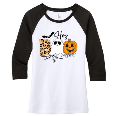 Cute Ghost Halloween Pumpkin Face Hey Boo Trendy Halloween Women's Tri-Blend 3/4-Sleeve Raglan Shirt