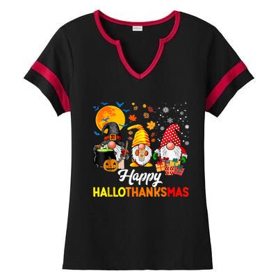 Cute Gnomes Happy Hallothanksmas Funny Halloween Christmas Ladies Halftime Notch Neck Tee