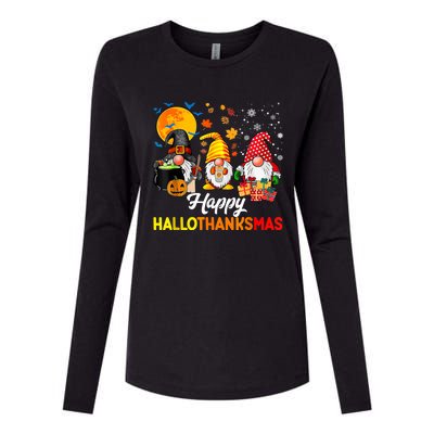 Cute Gnomes Happy Hallothanksmas Funny Halloween Christmas Womens Cotton Relaxed Long Sleeve T-Shirt