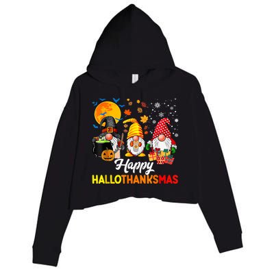 Cute Gnomes Happy Hallothanksmas Funny Halloween Christmas Crop Fleece Hoodie