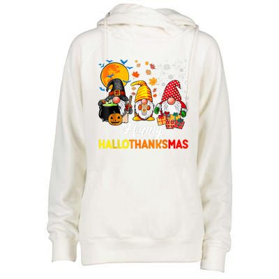 Cute Gnomes Happy Hallothanksmas Funny Halloween Christmas Womens Funnel Neck Pullover Hood