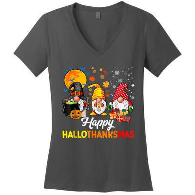 Cute Gnomes Happy Hallothanksmas Funny Halloween Christmas Women's V-Neck T-Shirt