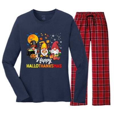 Cute Gnomes Happy Hallothanksmas Funny Halloween Christmas Women's Long Sleeve Flannel Pajama Set 