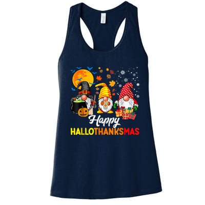 Cute Gnomes Happy Hallothanksmas Funny Halloween Christmas Women's Racerback Tank