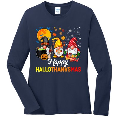 Cute Gnomes Happy Hallothanksmas Funny Halloween Christmas Ladies Long Sleeve Shirt