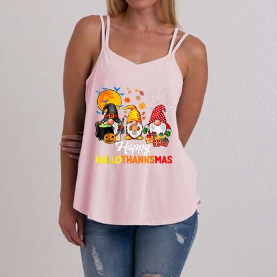 Cute Gnomes Happy Hallothanksmas Funny Halloween Christmas Women's Strappy Tank