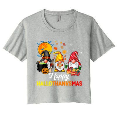 Cute Gnomes Happy Hallothanksmas Funny Halloween Christmas Women's Crop Top Tee