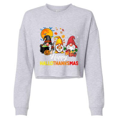 Cute Gnomes Happy Hallothanksmas Funny Halloween Christmas Cropped Pullover Crew