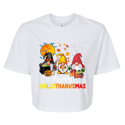 Cute Gnomes Happy Hallothanksmas Funny Halloween Christmas Bella+Canvas Jersey Crop Tee