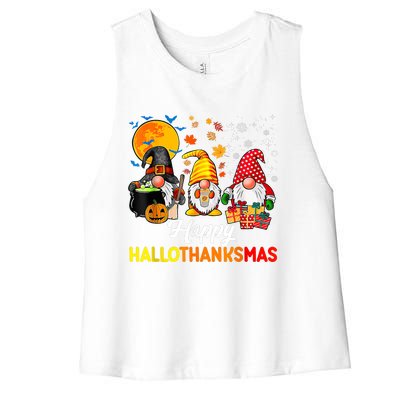 Cute Gnomes Happy Hallothanksmas Funny Halloween Christmas Women's Racerback Cropped Tank