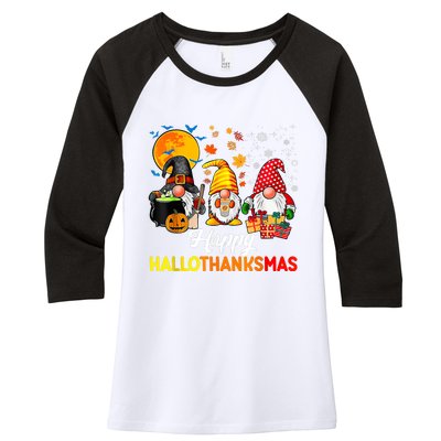 Cute Gnomes Happy Hallothanksmas Funny Halloween Christmas Women's Tri-Blend 3/4-Sleeve Raglan Shirt