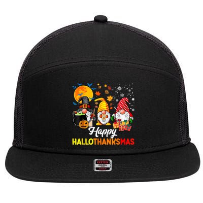 Cute Gnomes Happy Hallothanksmas Funny Halloween Christmas 7 Panel Mesh Trucker Snapback Hat