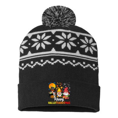 Cute Gnomes Happy Hallothanksmas Funny Halloween Christmas USA-Made Snowflake Beanie