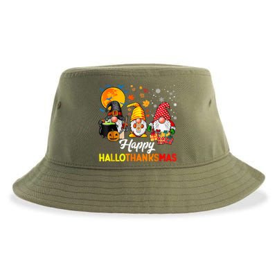 Cute Gnomes Happy Hallothanksmas Funny Halloween Christmas Sustainable Bucket Hat