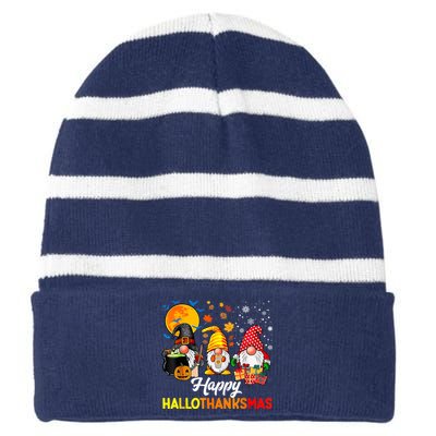 Cute Gnomes Happy Hallothanksmas Funny Halloween Christmas Striped Beanie with Solid Band