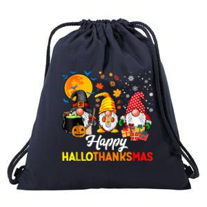 Cute Gnomes Happy Hallothanksmas Funny Halloween Christmas Drawstring Bag