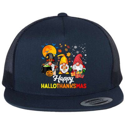 Cute Gnomes Happy Hallothanksmas Funny Halloween Christmas Flat Bill Trucker Hat