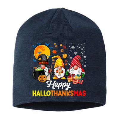 Cute Gnomes Happy Hallothanksmas Funny Halloween Christmas Sustainable Beanie