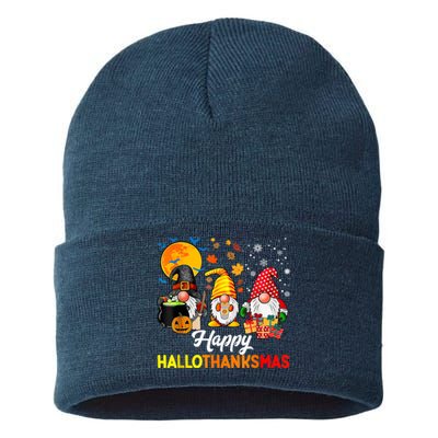 Cute Gnomes Happy Hallothanksmas Funny Halloween Christmas Sustainable Knit Beanie