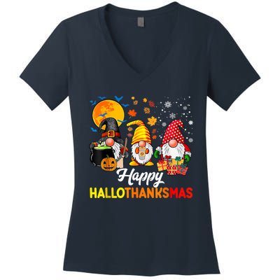 Cute Gnomes Happy Hallothanksmas Funny Halloween Christmas Women's V-Neck T-Shirt