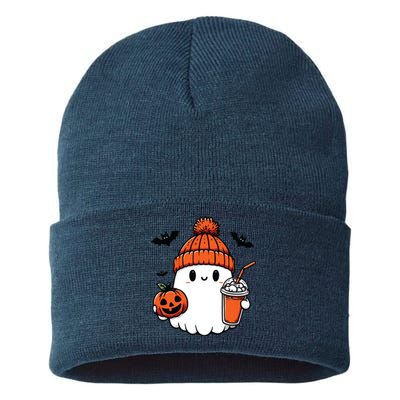 Cute Ghost Halloween Coffee Sustainable Knit Beanie