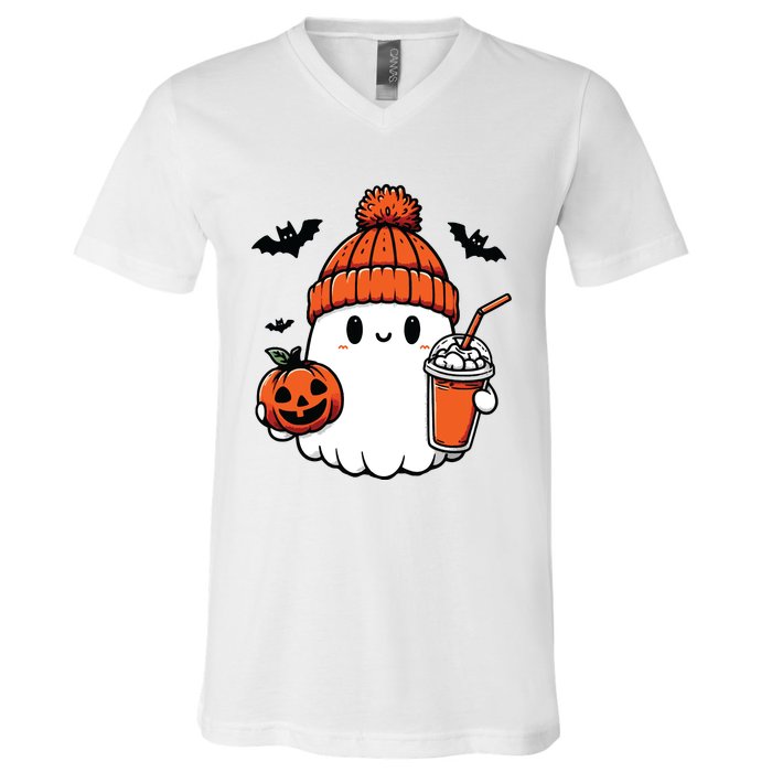 Cute Ghost Halloween Coffee V-Neck T-Shirt