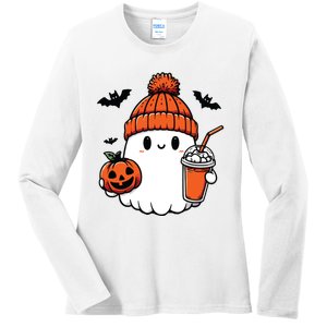 Cute Ghost Halloween Coffee Ladies Long Sleeve Shirt