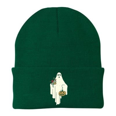 Cute Ghost Holding Pumpkin Flower Halloween Spooky Season Knit Cap Winter Beanie