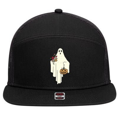 Cute Ghost Holding Pumpkin Flower Halloween Spooky Season 7 Panel Mesh Trucker Snapback Hat