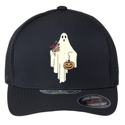 Cute Ghost Holding Pumpkin Flower Halloween Spooky Season Flexfit Unipanel Trucker Cap