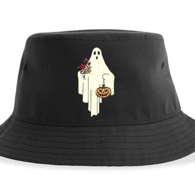 Cute Ghost Holding Pumpkin Flower Halloween Spooky Season Sustainable Bucket Hat