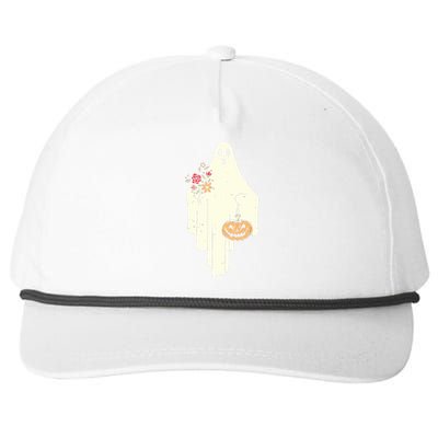 Cute Ghost Holding Pumpkin Flower Halloween Spooky Season Snapback Five-Panel Rope Hat