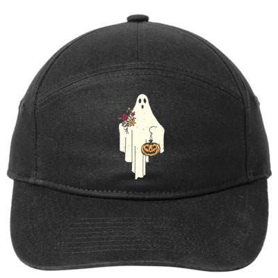 Cute Ghost Holding Pumpkin Flower Halloween Spooky Season 7-Panel Snapback Hat