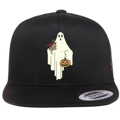 Cute Ghost Holding Pumpkin Flower Halloween Spooky Season Flat Bill Trucker Hat