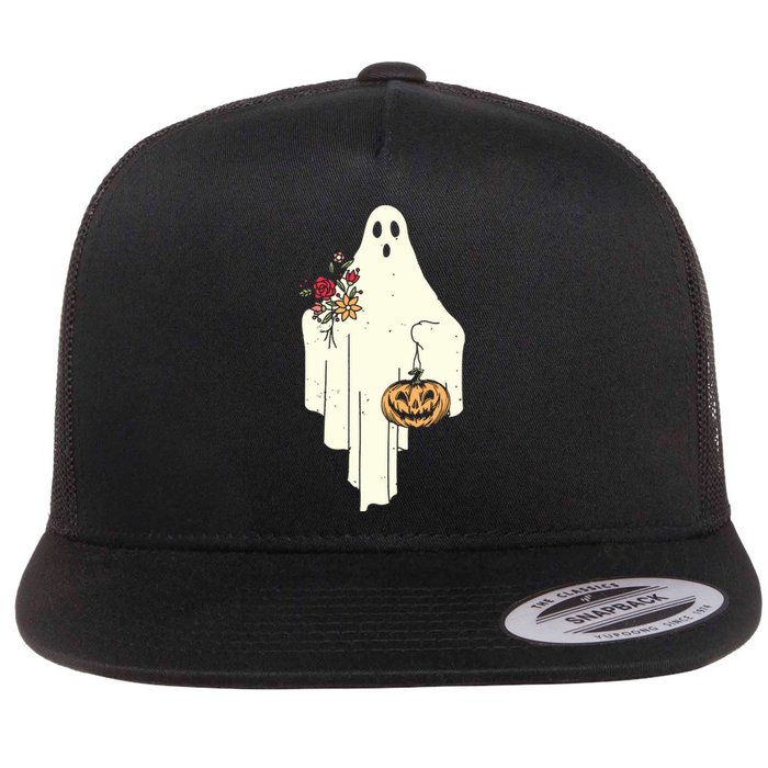 Cute Ghost Holding Pumpkin Flower Halloween Spooky Season Flat Bill Trucker Hat