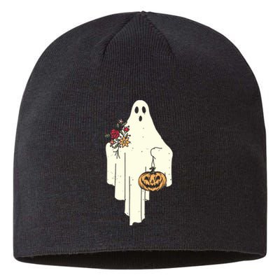 Cute Ghost Holding Pumpkin Flower Halloween Spooky Season Sustainable Beanie