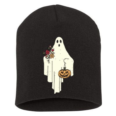 Cute Ghost Holding Pumpkin Flower Halloween Spooky Season Short Acrylic Beanie