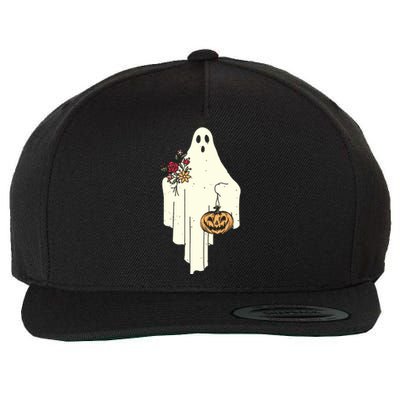 Cute Ghost Holding Pumpkin Flower Halloween Spooky Season Wool Snapback Cap