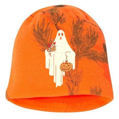 Cute Ghost Holding Pumpkin Flower Halloween Spooky Season Kati - Camo Knit Beanie