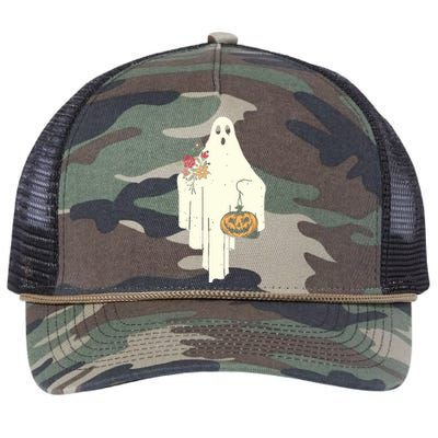 Cute Ghost Holding Pumpkin Flower Halloween Spooky Season Retro Rope Trucker Hat Cap