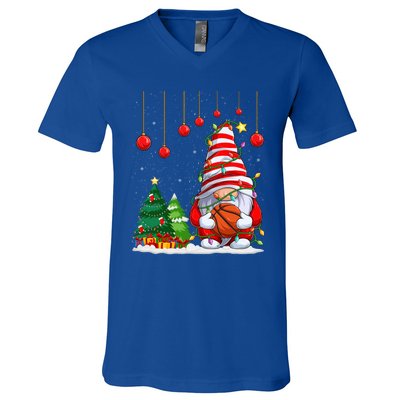 Christmas Gnome Holding A Basketball Ball Pajama Xmas Tree Gift V-Neck T-Shirt