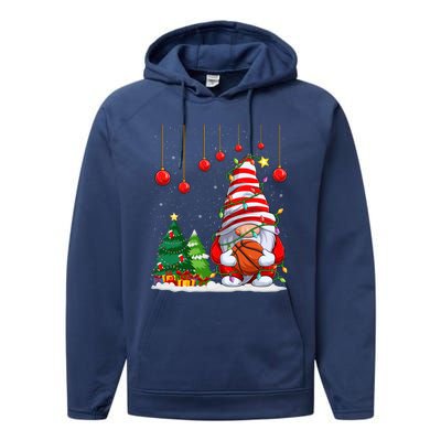 Christmas Gnome Holding A Basketball Ball Pajama Xmas Tree Gift Performance Fleece Hoodie